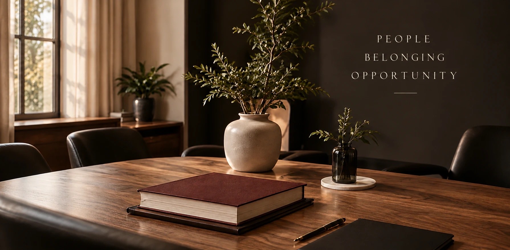 A walnut conference table with a burgundy book, a vase of greenery and leather chairs, beside the words People, Belonging, Opportunity