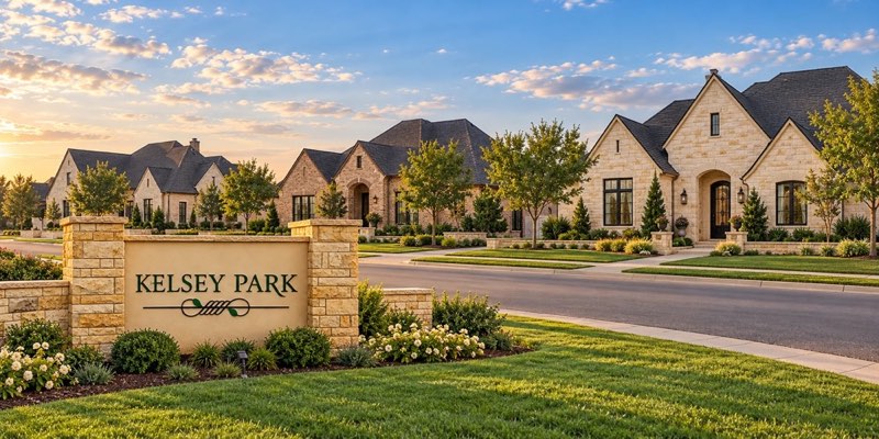 The Kelsey Park entrance sign with stone homes along the street behind it