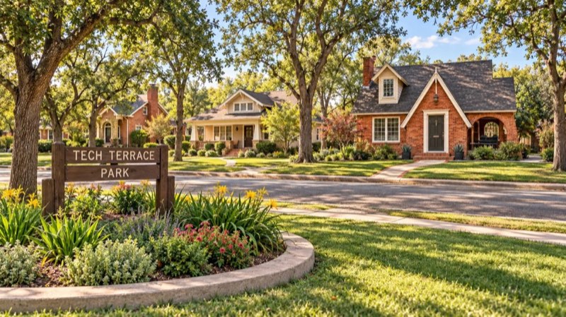 A Tech Terrace Park sign among flowers, with brick cottages under mature trees across the street