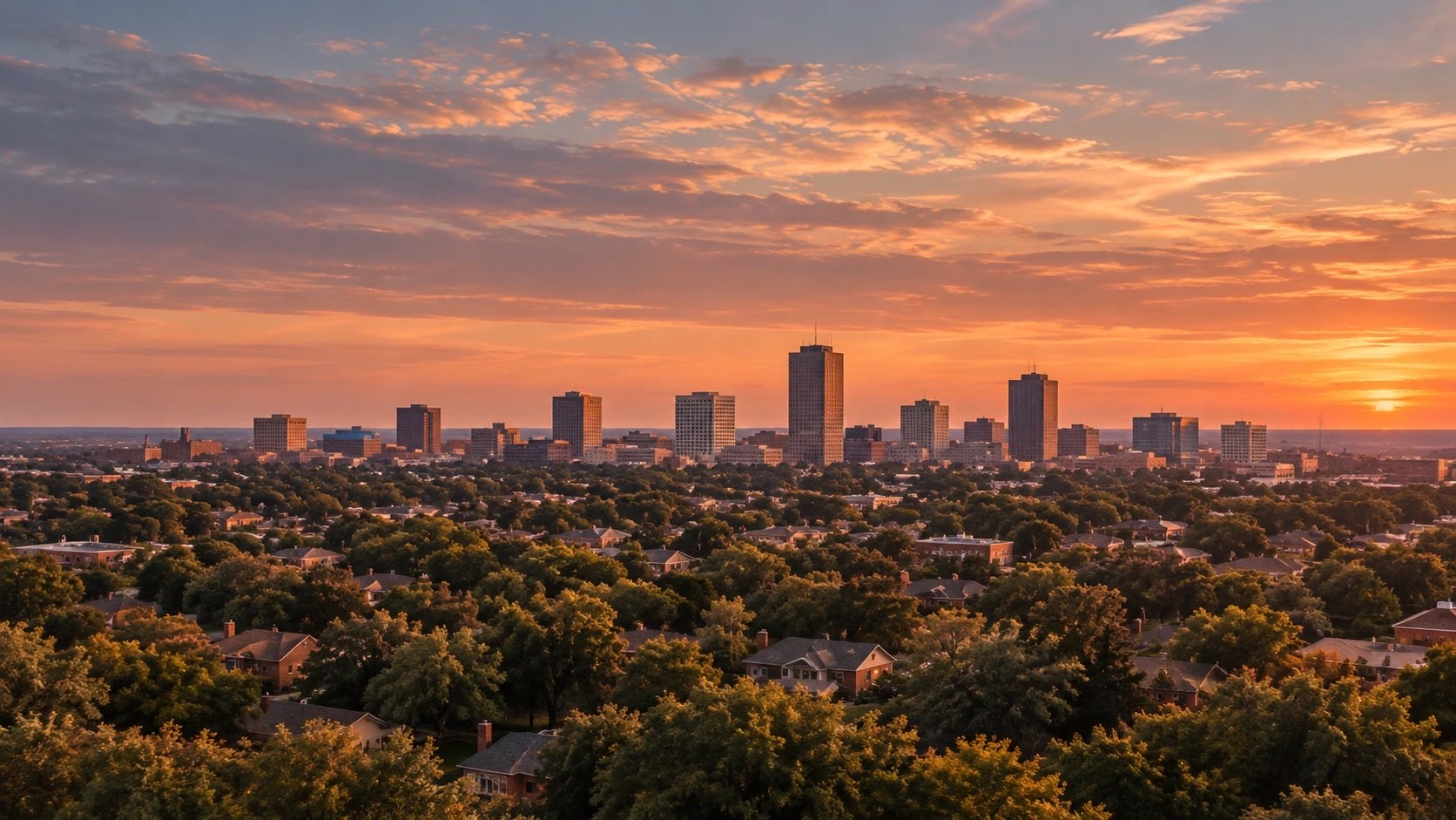 City skyline at sunset above tree-lined neighborhoods
